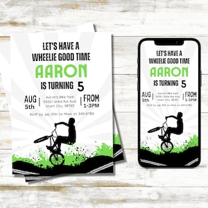 Bike Party Invitation, Wheelie Birthday Invite, BMX Birthday Invite, Bicycle Party, Editable Birthday Invite, Canva Template, Neon