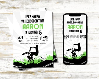 May include: Birthday party invitation featuring a BMX bike silhouette performing a wheelie. The invitation includes the text "Let's have a wheelie good time" and "Aaron is turning 5". The date, time, and location are also included.