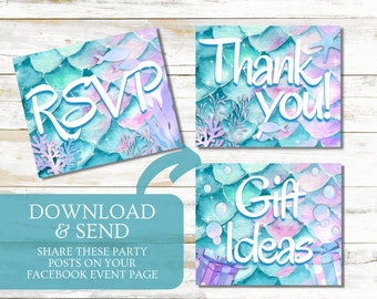 Könnte beinhalten: Set aus drei Partykarten zum Thema Meerjungfrau mit Aquarellhintergründen. Die Karten zeigen die Schriftzüge "RSVP", "Danke!" und "Geschenkideen" in weißer Schrift. Die Karten haben ein türkis-, rosa- und lilafarbenes Farbschema.
