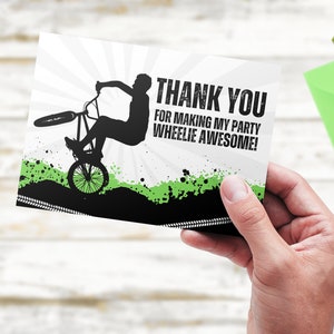 Bike Party Thank You, Wheelie Birthday Card, BMX Party, Bicycle Party, Neon, Thank You Postcard, Printable Thank You Cards