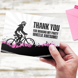 Festa de bicicleta, obrigado, cartão de aniversário de cavalinho, festa de BMX, festa de bicicleta, néon, cartão postal de agradecimento, cartões de agradecimento imprimíveis, rosa, menina