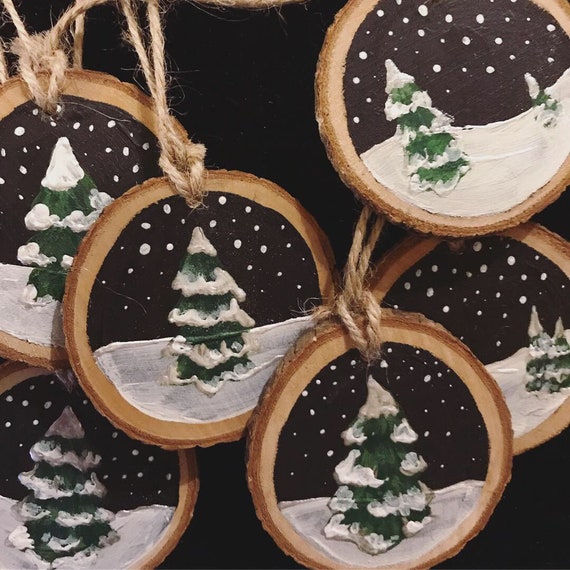 Hand Painted Christmas Ornaments (6) - Wood Slice - Minimalist - Snowy Tree