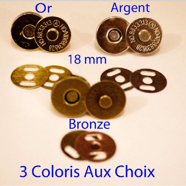 Bouton   Pression  Métal    Fermoir  Snaps  Set de 10 Pièces  ,   3 Couleurs Aux Choix Bronze Or Et Argent Diam 18 mm