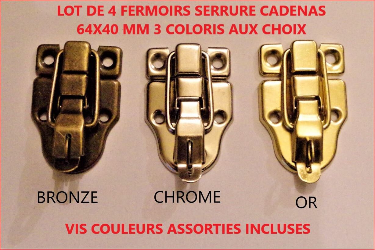 Lot de 4 Fermoirs Verrou Serrure Coffre Coffret Or Bronze ou Argent 40x64 mm Vis Assorties Incluses