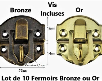 Lot de 10 Fermoirs  Couleurs Bronze ou Or Verrou Serrure pour Boite à bijoux Coffre Coffret 27 PAR 30 mm Vis incluses