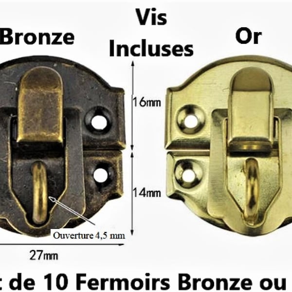 Lot de 10 Fermoirs  Couleurs Bronze ou Or Verrou Serrure pour Boite à bijoux Coffre Coffret 27 PAR 30 mm Vis incluses