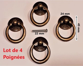 Furniture Handle Rings Set of 4 Pieces with Dark Bronze Handle 24 mm by 45 + Fixing Screw