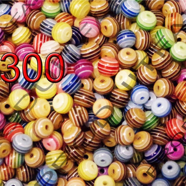 Lot de  300 perle  Ronde Rayé multicolore 6 mm