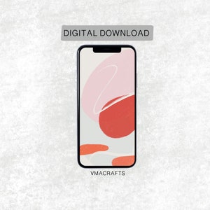 Op de afbeelding: Een digitale download voor een telefoonachtergrond met abstracte vormen in roze, rood en wit op een lichtgrijze achtergrond. De tekst "VMACRAFTS" staat onderaan de afbeelding.