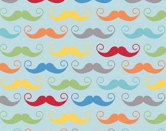 Patchwork fabric, mustache fabric, riley Blake fabric blue background with the coupon