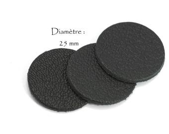 6 Ronds en cuir véritable - Diam. 25 mm - Cuir de Chèvre - Lot Noir