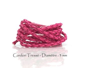 2 M - Lacet / Cordon Tressé Simili Cuir - Diamètre 3 mm - Couleur Rose Fuchsia