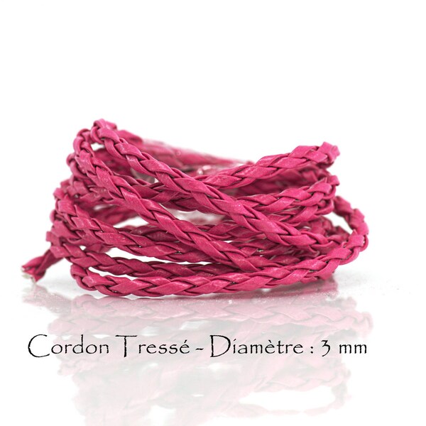 2 M - Lacet / Cordon Tressé Simili Cuir - Diamètre 3 mm - Couleur Rose Fuchsia