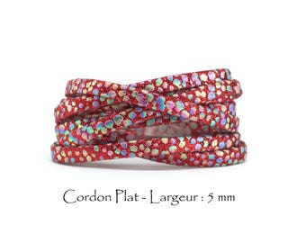 2 M - Cordon Simili Texturé et pailleté - Larg. : 5 mm / Ep. : 2 mm - Couleur de fond Rouge