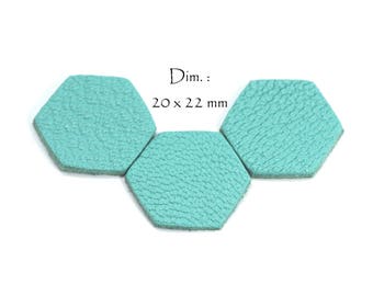 10 Hexagones en cuir véritable - Dim. côtés : 10 mm - Lot Couleur Bleu Lagon