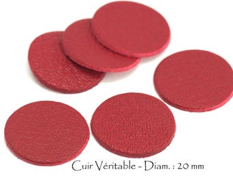 6 Ronds en cuir véritable - Diam. 20 mm - Cuir de Chèvre - Lot Couleur Rouge Sombre