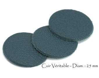 6 Ronds en cuir véritable - Diam. 25 mm - Cuir de Chèvre - Lot Couleur Bleu Pétrole