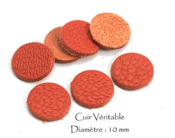 6 Ronds en cuir véritable - Diam. 10 mm - Cuir de Chèvre - Lot Couleur Orange