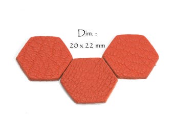 10 Hexagones en cuir véritable - Dim. côtés : 10 mm - Lot Couleur Orange