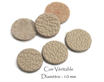 6 Ronds en cuir véritable - Diam. 10 mm - Cuir de Chèvre - Lot Couleur Beige