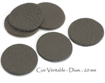 6 Ronds en cuir véritable - Diam. 20 mm - Cuir de Chèvre - Lot Couleur Gris Anthracite