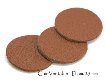 6 Ronds en cuir véritable - Diam. 25 mm - Cuir de Chèvre - Lot Couleur Marron Chocolat