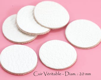 6 Ronds en cuir véritable - Diam. 20 mm - Cuir de Chèvre - Lot Couleur Blanc