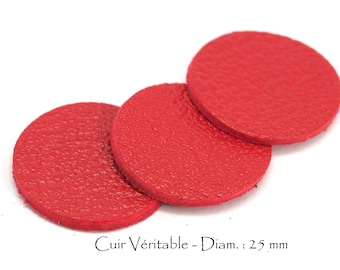 6 Ronds en cuir véritable - Diam. 25 mm - Cuir de Chèvre - Lot Couleur Rouge Tomate