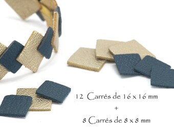 Lot de 12 Carrés 16 x 16 mm + 8 Carrés 8 x 8 mm - Carrés en cuir véritable - Lot de couleur Or Clair et Bleu Pétrole