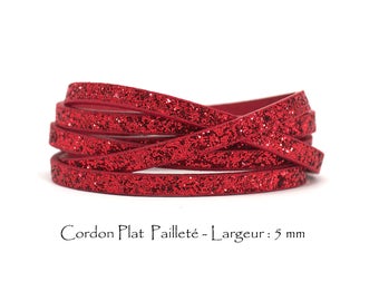 95 CM - Cordon Simili Cuir à Paillettes - Larg. : 5 mm / Ep. : 2 mm - Couleur Rouge