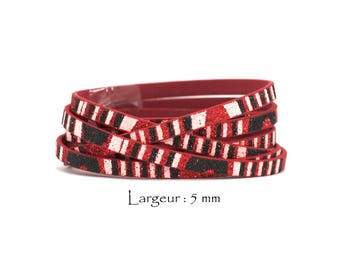 1.2 M de Cordon Lanière Simili Cuir multi-textures à paillettes, Largeur 5 mm, Epaisseur 2 mm, Couleur Rouge, Noir et Blanc