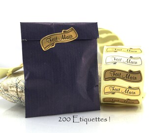 GROS  LOT - 200 Etiquettes autocollantes "Fait Main" pour emballage cadeau - 3.6 x 1.1 cm - Couleur Doré