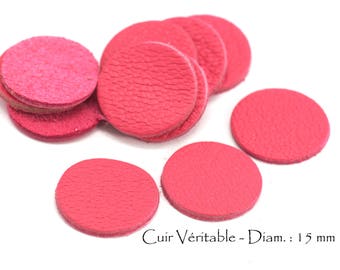 6 Ronds en cuir véritable - Diam. 15 mm - Cuir de Chèvre - Lot Couleur Rose Lipstick