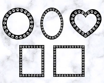 Paw Print Frames SVG Bundel, Hond Poot Print SVG Bestand, Hart Svg Bestand, Pet Svg Bestand, Monogram Frame Svg, Cirkel Svg Bestand, Svg Bundel