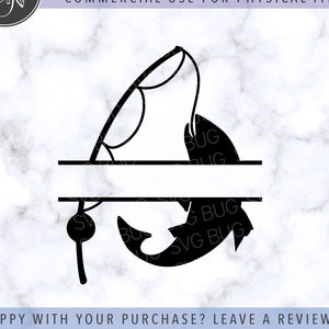 May include: Black and white silhouette of a fish being caught on a fishing rod. The fish is being pulled up by the rod and the line is attached to the fish's mouth. The image is a split monogram design with a space for text in the middle.
