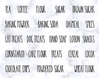 May include: A digital download of 16 printable labels for various pantry items, including tea, coffee, flour, sugar, brown sugar, baking powder, baking soda, oatmeal, spices, cat treats, dog treats, hand soap, lotion, snacks, cornstarch, cake flour, treats, cereal, cocoa, chocolate chips, powdered sugar, and wheat flour. The labels are in a simple, handwritten style on a white marble background. The text "SVG-DXF-EPS-PNG COMMERCIAL USE FOR PHYSICAL ITEMS" is at the top of the image. The text "HAPPY WITH YOUR PURCHASE? LEAVE A REVIEW!" is at the bottom of the image.