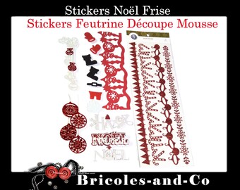 Christmas stickers frieze, board with 4 strips and 15 foams, cut-outs. Color red white. Assortment Christmas embellishments scrap.