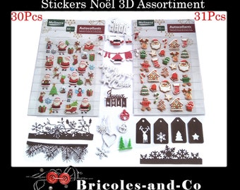 Stickers Noël 3D, Melinera  planche de 30Pcs ou 31Pcs + découpes. Assortiment  Noël  3D embellissements scrap.