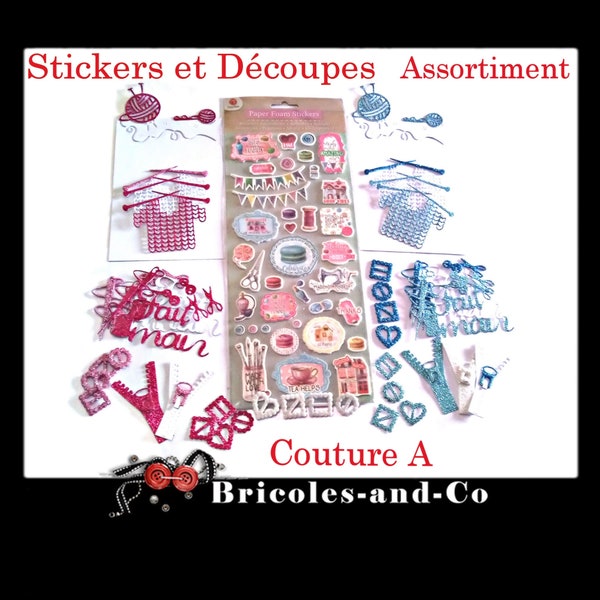 Stickers couture A planche avec 37 stickers et découpes. Couleur bleu et rose. Assortiment autocollant et die cut embellissements scrap.