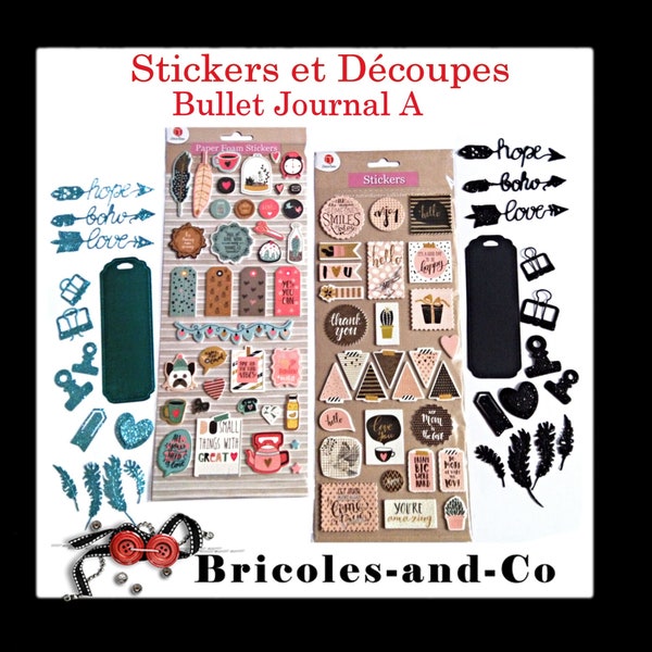 Stickers Bullet journal A et découpes paillettes. Couleur au choix bleu ou rose et noir.