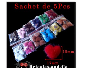 Heart, plush button, color of your choice of 15x17mm. Lot of 5Pcs