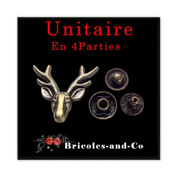 Rivet tête de  renne, bronze, 3cm, bouton snap caribou, bouton-pression renne .Unitaire en 4 parties.