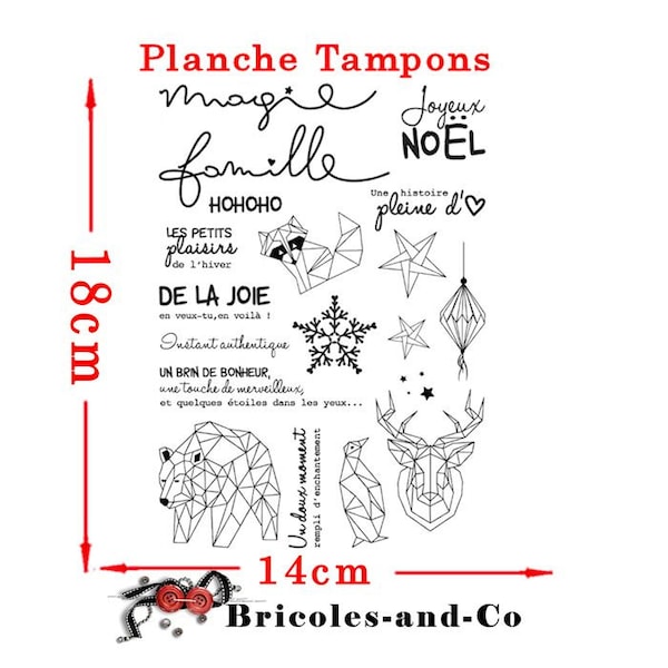 Tampon clear texte  Noël A magie. Planche de 13 tampons texte et 9 motifs géométriques