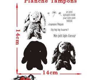 Tampon lapin relief et texte Français. Planche set  8 tampons.  Taille 14cm