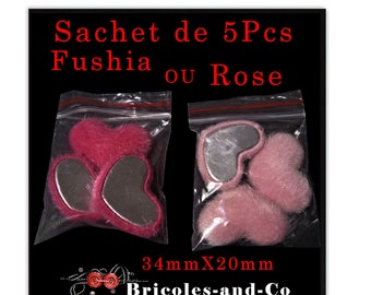 Heart, button, plush, 34x20mm. Fuchsia or pink color. Pack of 3pcs. Embellishment, Decoration, wedding, Valentine's Day.