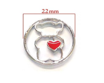Disc charms floating 22 mm Teddy bear with a red heart shape.