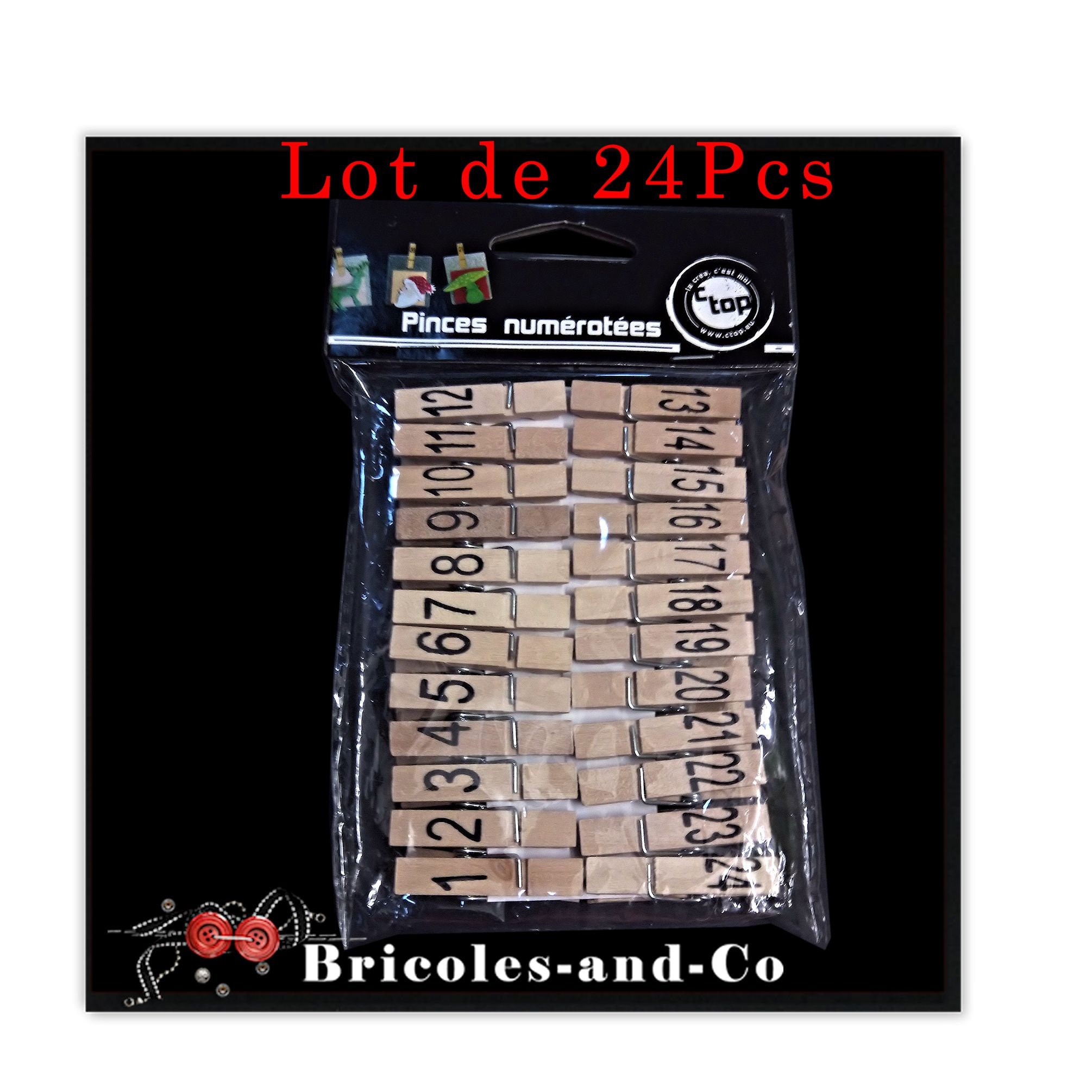 Pince à Linge, Couleur Bois, Pinces Numérotées .longueur Environ 3, 5cm, Largeur 5mm. Sachet de 24Pc