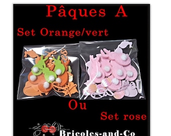 Pâques set A Orange ou Rose. 9 lapins, 2mots, œufs, confettis. En feutrine et mousse, 18Pcs.