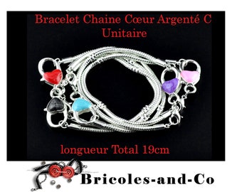 Bracelet, chain, heart, silver Model C.  Lobster heart blue, purple, black, pink or red. Length 19 cm. Unitary