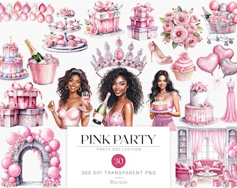 Paquete de imágenes prediseñadas de fiesta rosa, acuarela de cumpleaños y despedida de soltera PNG, ilustraciones de chicas fiesteras glamurosas, pasteles, globos